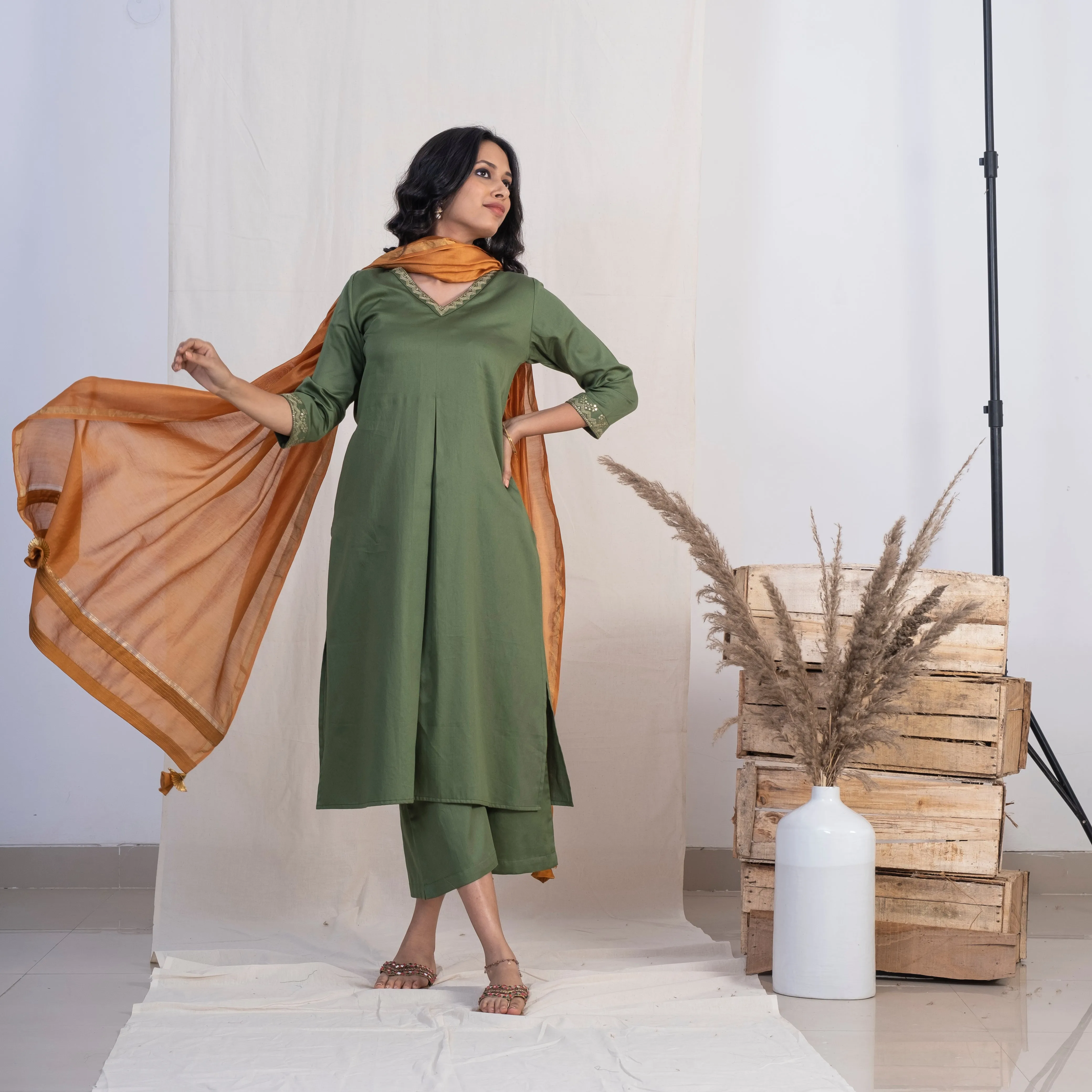 Akiso Green V Neck Single Pleat Kurta With Palazzo And Gold Dupatta (Set of 3)