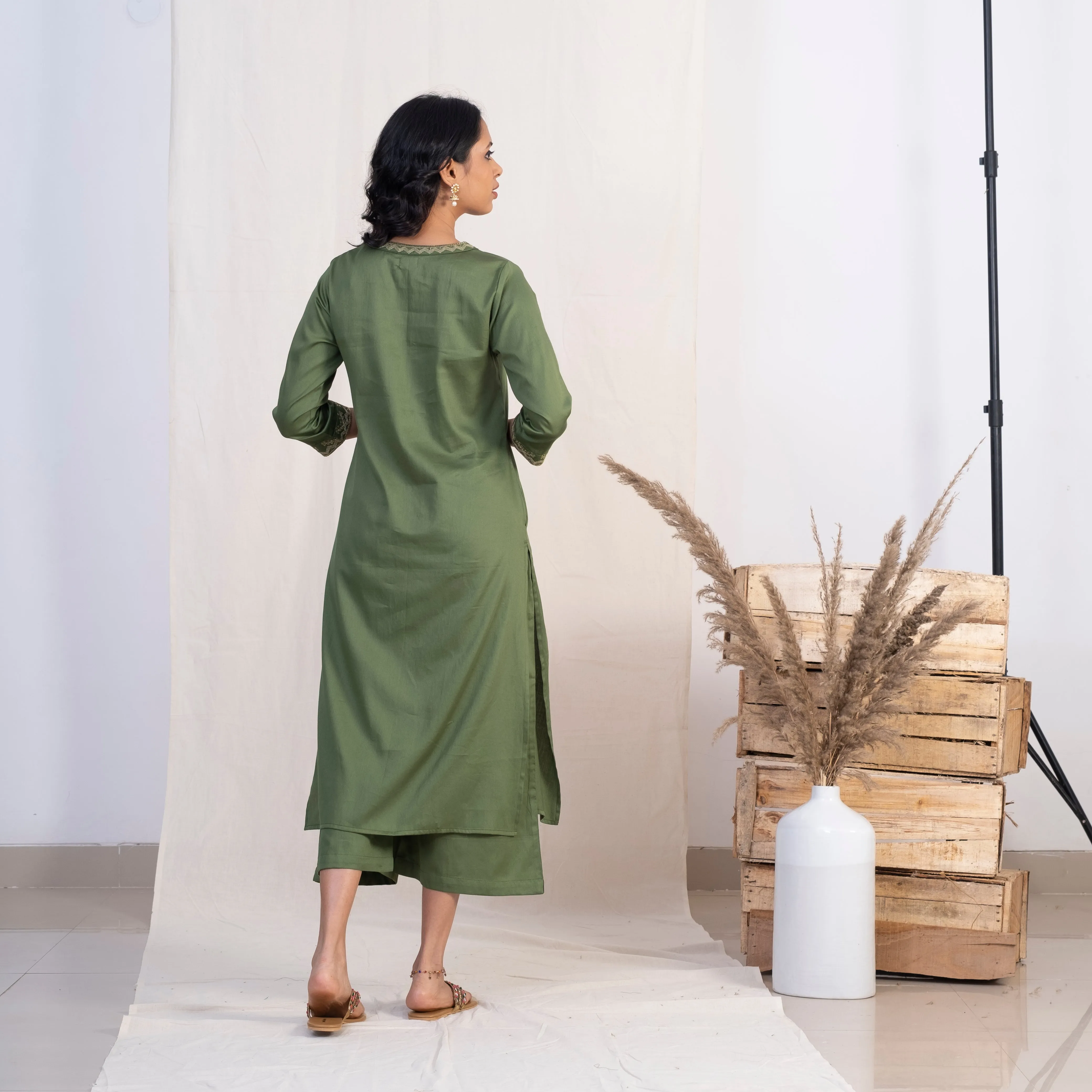 Akiso Green V Neck Single Pleat Kurta With Palazzo And Gold Dupatta (Set of 3)