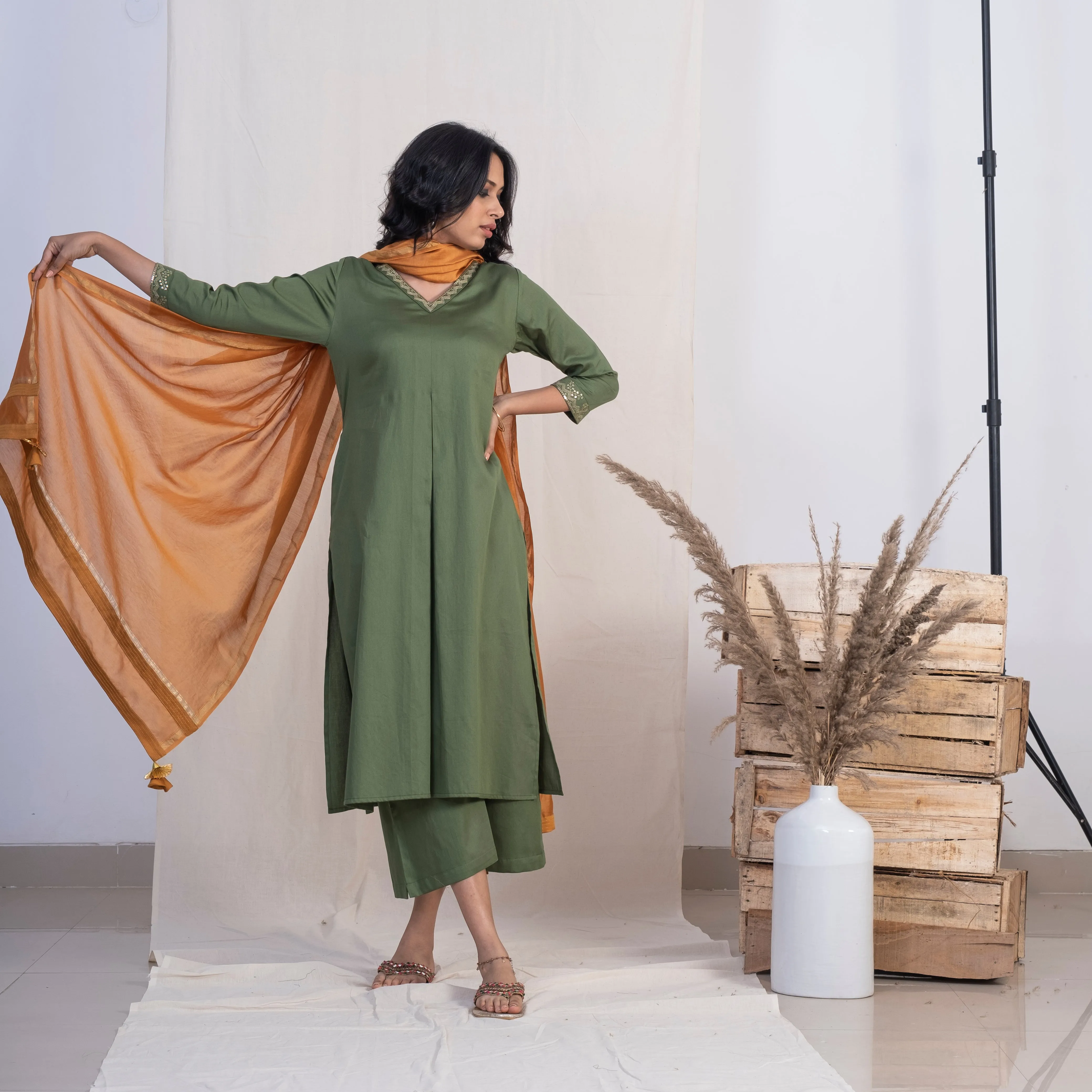 Akiso Green V Neck Single Pleat Kurta With Palazzo And Gold Dupatta (Set of 3)