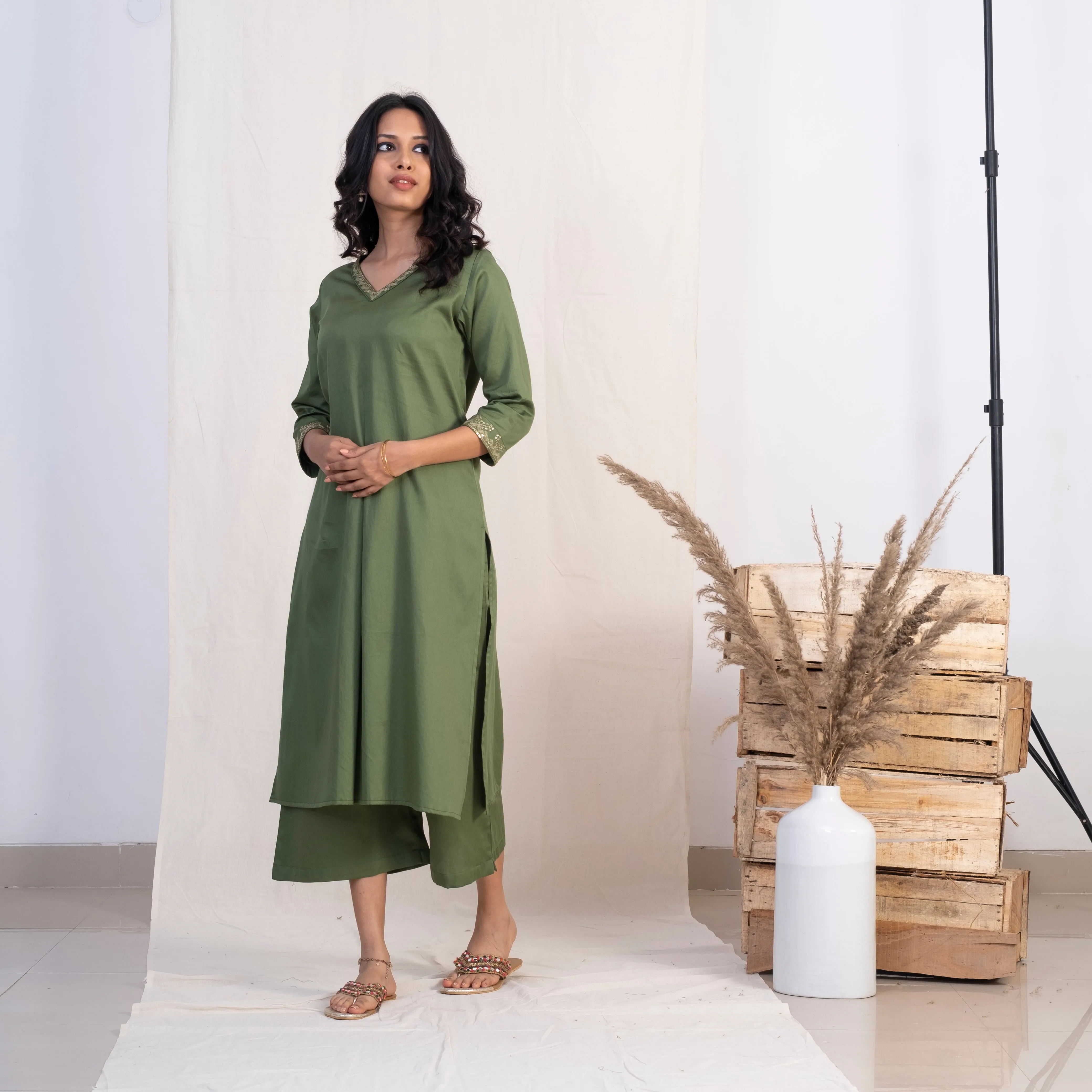 Akiso Green V Neck Single Pleat Kurta With Palazzo And Gold Dupatta (Set of 3)