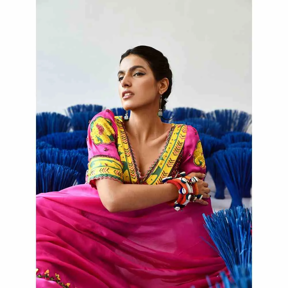 Baise Gaba Banno Pink Embellished Saree with Unstitched Blouse