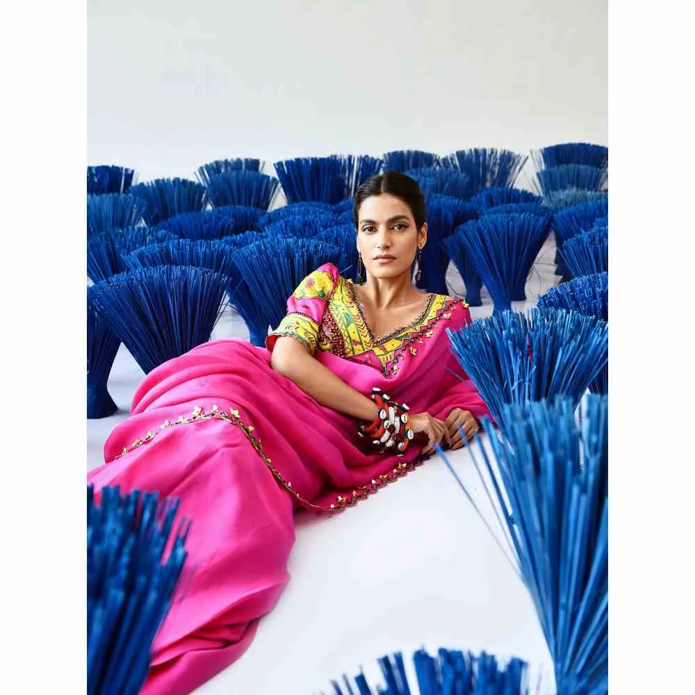 Baise Gaba Banno Pink Embellished Saree with Unstitched Blouse