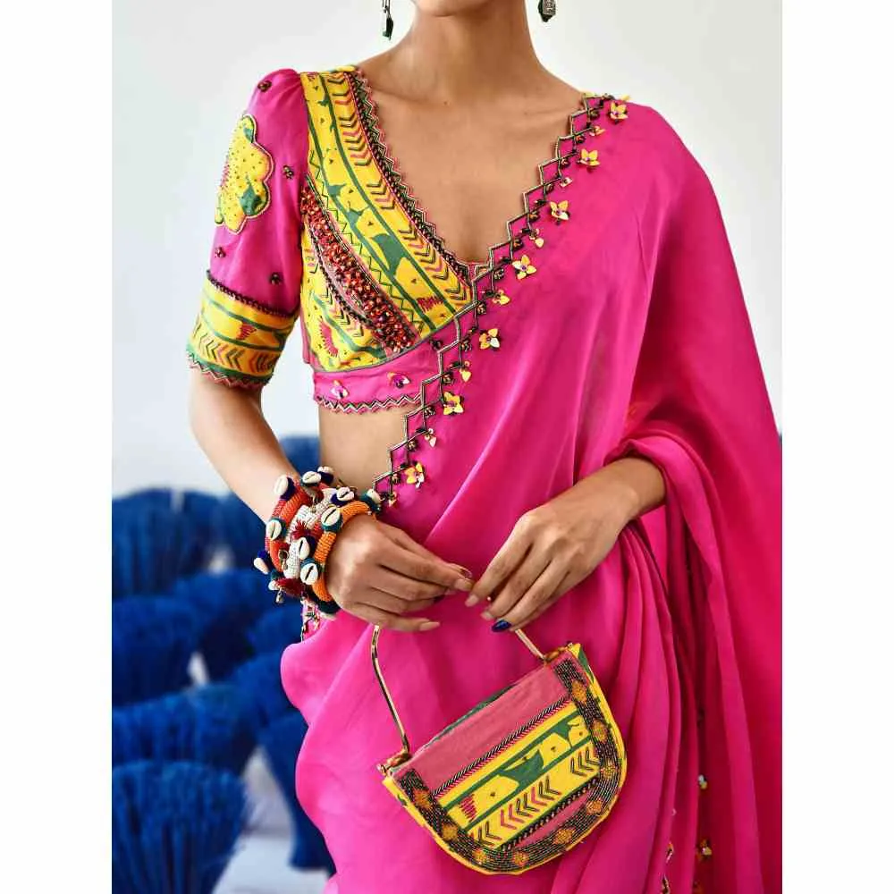 Baise Gaba Banno Pink Embellished Saree with Unstitched Blouse