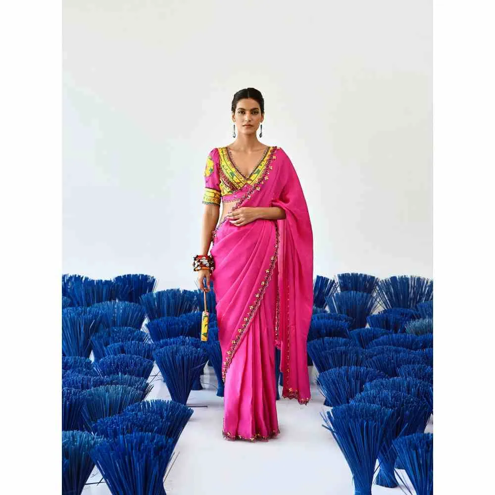 Baise Gaba Banno Pink Embellished Saree with Unstitched Blouse