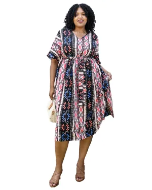 Geometric Pattern Print Midi Dress with Tied Belt Waist | Black