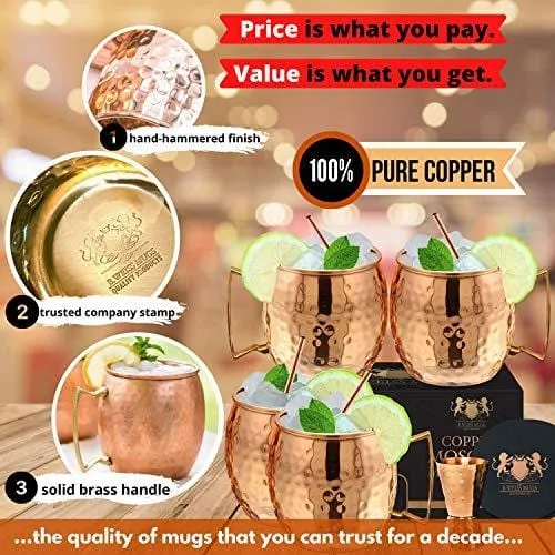 [Gift Set] 100% Pure Copper Moscow mule mugs, Set Of 4 copper cups for drinking Each Mug is HANDCRAFTED- Food Safe Pure Solid Copper Cups gift set (Set of 4)