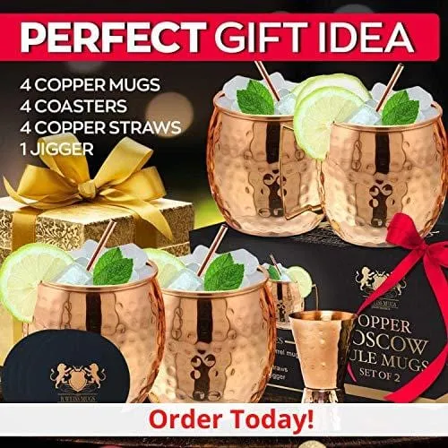 [Gift Set] 100% Pure Copper Moscow mule mugs, Set Of 4 copper cups for drinking Each Mug is HANDCRAFTED- Food Safe Pure Solid Copper Cups gift set (Set of 4)