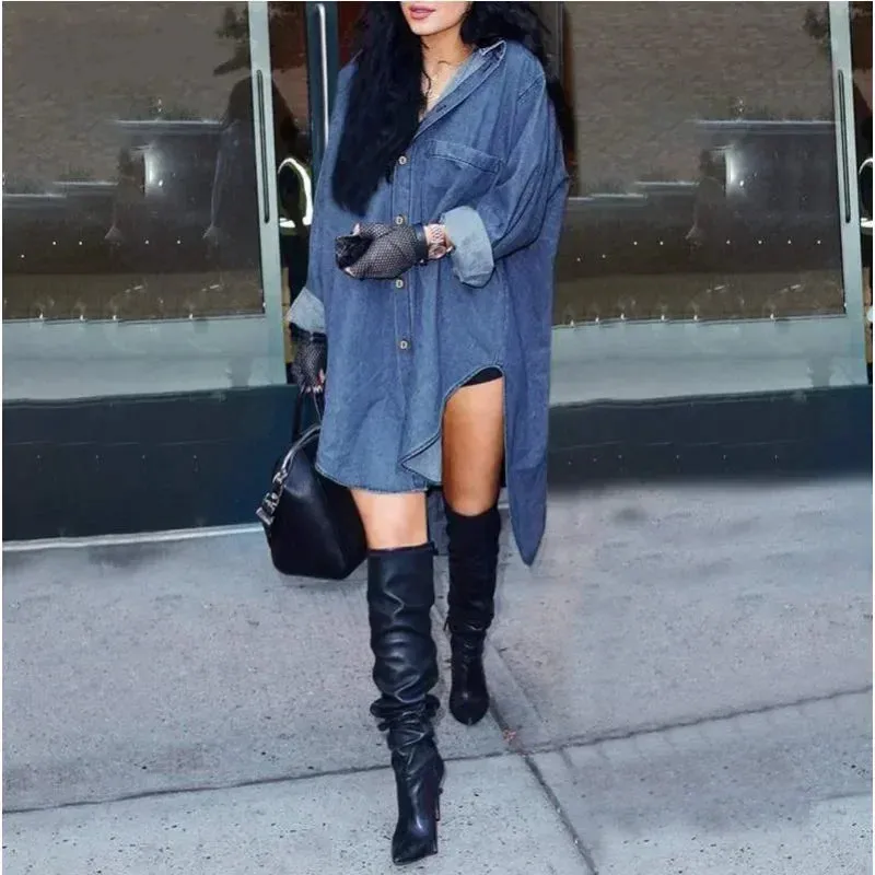 Long Sleeved Loose Irregular Side Cut Denim Shirt Dresses